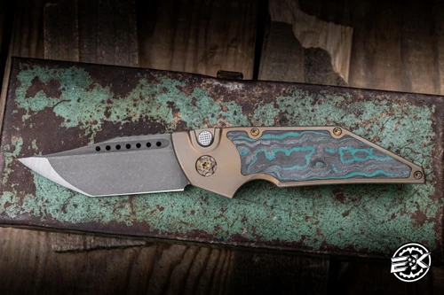 Hypercut Manufacturing Dharma Automatic Folding Knife Titanium/Shipwreck CC Inlay 3.2" S45VN Tanto 2-Tone