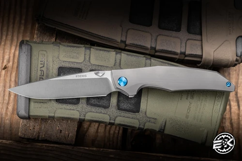 Koenig Knives Xenon Folding Knife Blasted Titanium/Blue Accents 3.38" M390 Drop Point Burnished w/ Polished Flats