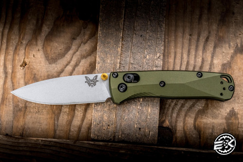 Preowned-Benchmade Mini Bugout Folding Knife Woodland Green Aluminum 2.8" S90V Drop Point Silver 533SL-10