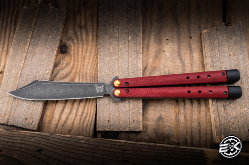 Preowned-Benchmade Necron Balisong Butterfly Knife Ruby Red G10 4.6" S30V Scimitar Blackwash  99BK-1