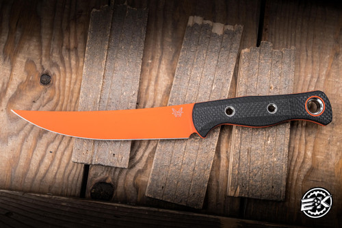 Preowned-Benchmade Meatcrafter Fixed Blade Hunting Knife Black Carbon Fiber 6.1" S45VN Trailing Point Orange  15500OR-2