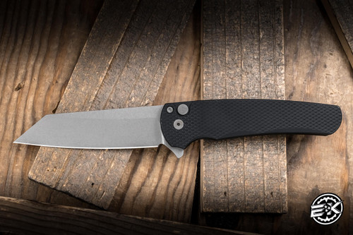 Preowned-ProTech Malibu Button Lock Flipper Knife Textured Black Aluminum 3.25" 20CV Reverse Tanto Acid Wash 5202