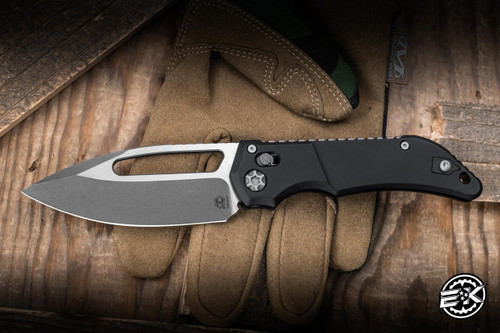 Heretic Knives Koschei Cross Bar Lock Folding Knife Black Aluminum 3.5" MagnaCut Battleworn H061-5A