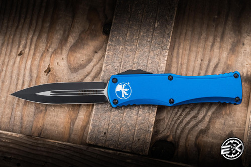 Preowned-Microtech Hera OTF Automatic Knife Blue Aluminum 3" Dagger Black 702-1BL