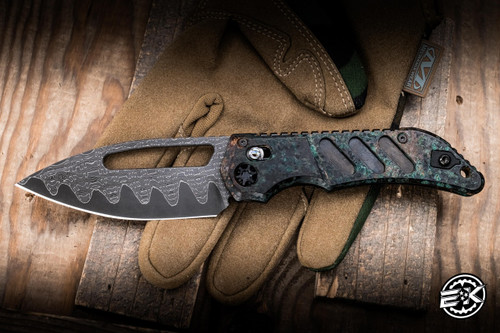 Heretic Knives Custom Koschei Folding Knife Antiqued Copper/Abalone Button 3.5" Reptilian Vegas Forge Damascus/Nitro V Core