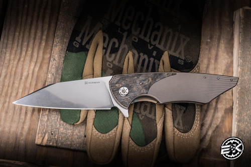 Herman Custom Knives Vespertilio 0259 Folding Knife Bronze Titanium/Fat Carbon Inlay 2.99" M390 Wharncliffe Very Shiny Stonewash