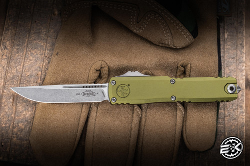 Microtech UTX-70 Gen IV OTF Automatic Knife OD Green Aluminum 2.5" M390 Clip Point Stonewash 11484-10OD