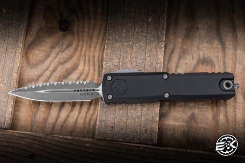 Microtech UTX-85 Gen IV OTF Auto Knife Black Aluminum 3" M390 Dagger Apocalyptic Serrated 12324-12AP
