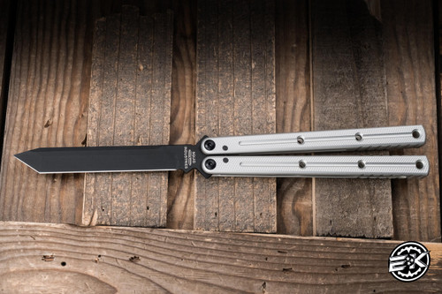 Squid Industries Inked Krake Raken Butterfly Balisong Knife Silver Aluminum 4.9" V3 Tanto Black