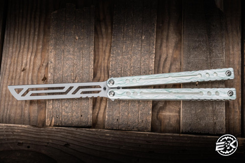 Squid Industries Nautilus Butterfly Balisong Trainer Marble Sage G10/Silver Aluminum 5" V2 Satin