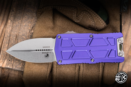 Microtech Exocet II OTF Knife/Money Clip Purple Aluminum 2.34” M390 Dagger Stonewash 1157-10PU