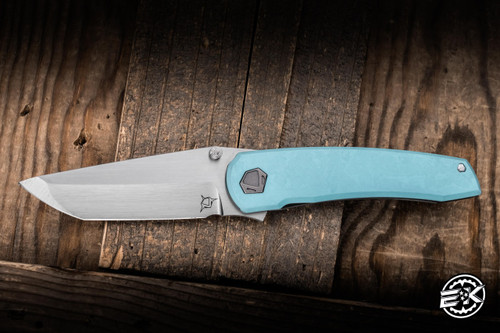 Sharknivco Waka V5 Manual Folding Knife Titanium/Light Blue CamoQuartz 3.35" RWL34 Tanto Hand Rubbed