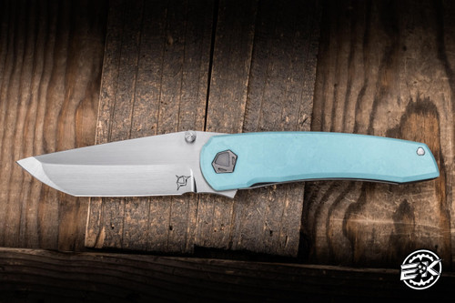Sharknivco Waka V5 Manual Folding Knife Titanium/Light Blue CamoQuartz 3.35" RWL34 Tanto Hand Rubbed