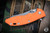 Rick Hinderer Knives XM-18 3.5" Skinner Folding Knife Orange G10, Battle Blue Titanium