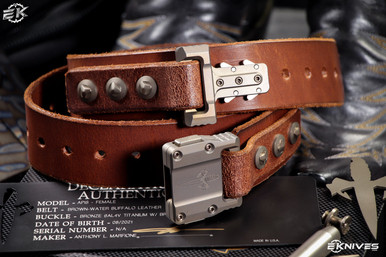 Marfione Custom Knives APIS Leather Belt @ SRKT Distressed Dark Brown Water  Buffalo Leather Bronze Titanium Buckle & Hardware