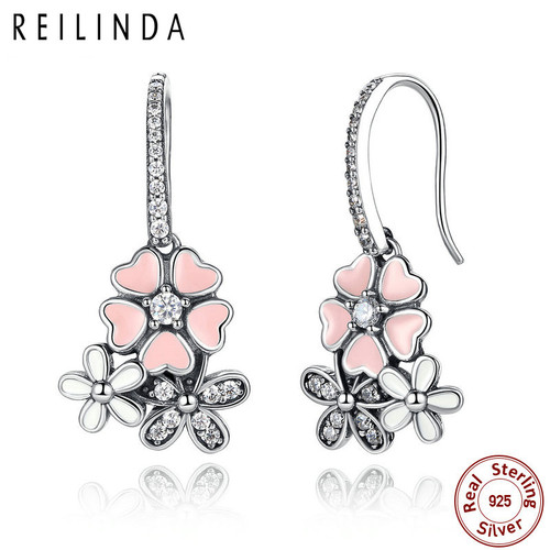 925 Sterling Silver Pink Cherry Blossom Drop Earrings Jewelry SCE016