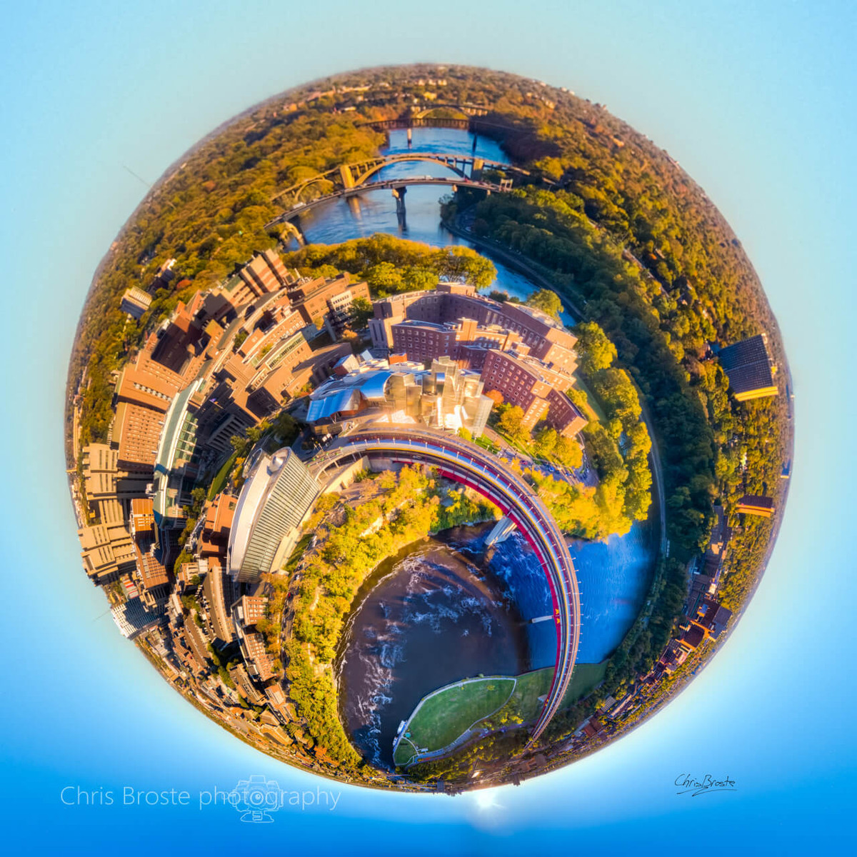 University of Minnesota in Minneapolis seen from above in a 360 degree planet panorama photograph.