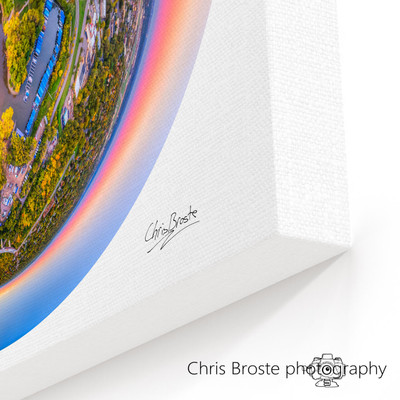 Corner view of a canvas wrap on wall showing skyline and surrounding area of St. Paul, Minnesota