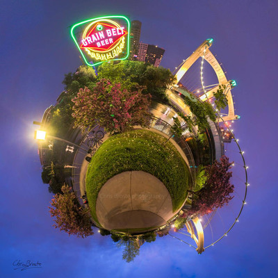 The iconic Grain Belt sign in Northeast Minneapolis 360 degree planet panorama photograph.