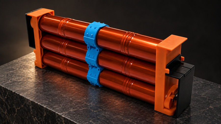 One new 14.4 V NiMH module: three cells, orange end frames and a blue clip