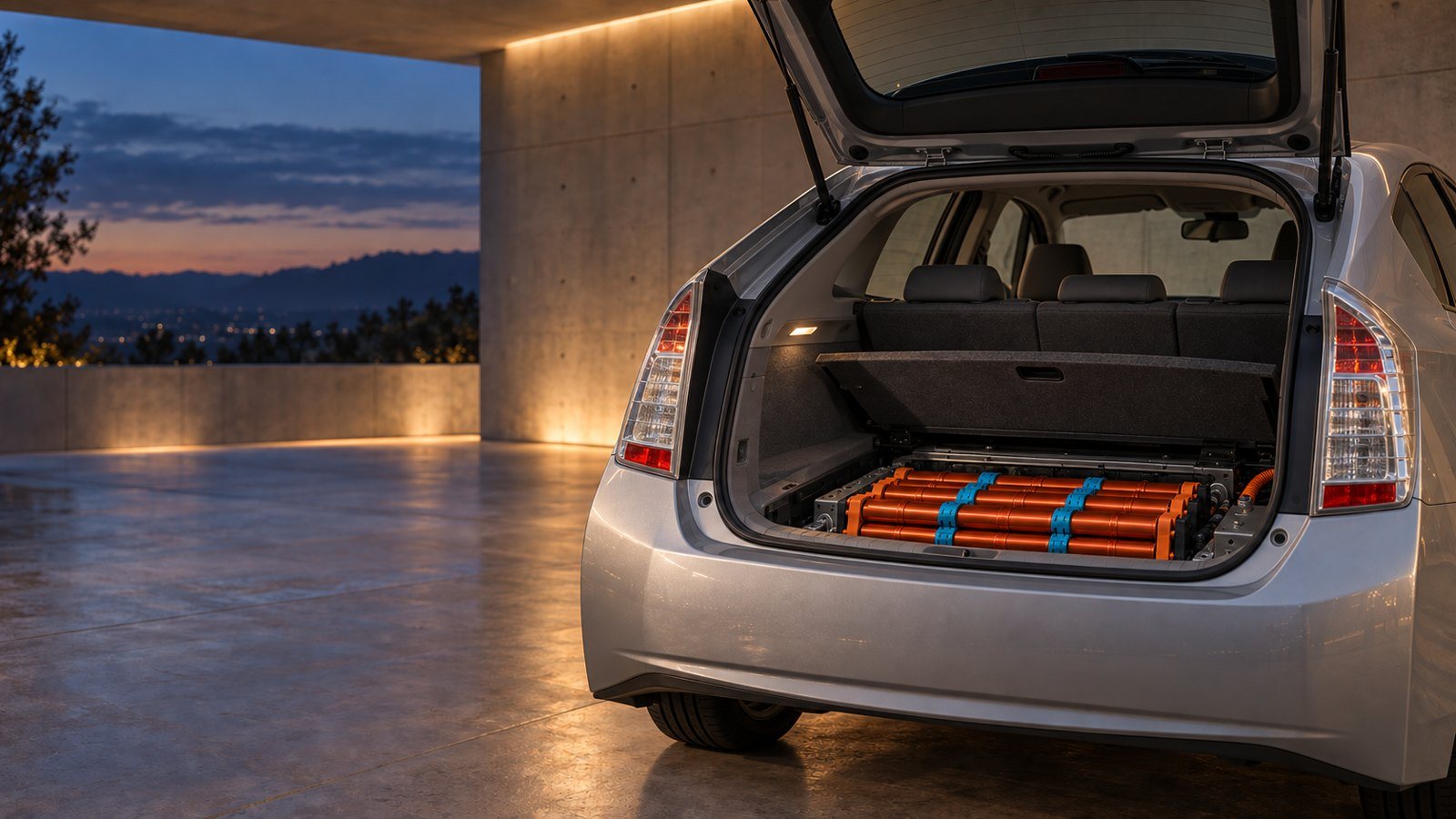 A Prius in a garage at dusk with its cargo floor open, showing the new battery