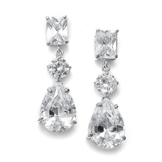 ma 546  Shimmering CZ Earrings with Emerald Cut Top and Pear shaped Drop