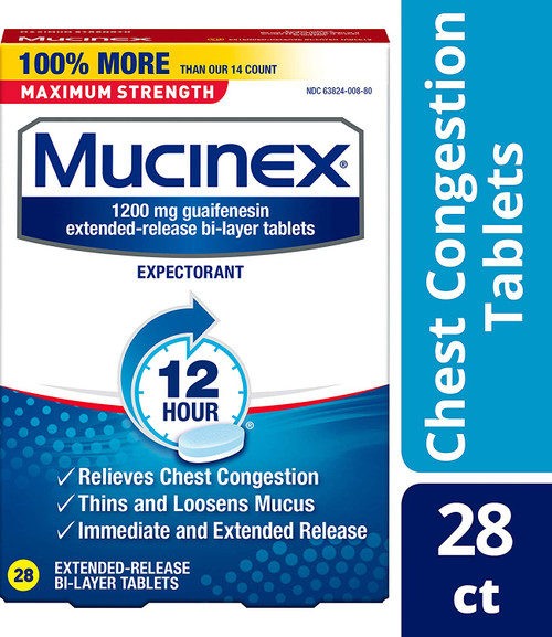 Chest Congestion, Mucinex Maximum Strength 12 Hour Extended Release Tablets, 28ct, 1200 mg Guaifenesin with extended relief of  chest congestion caused by excess mucus, thins and loosens mucus