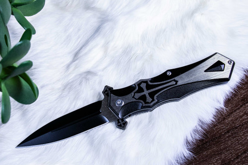 Black and Silver Cross pocket knife