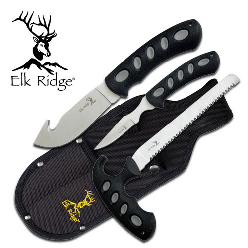 ELK RIDGE 3 PC HUNTING KNIFE SET - GUT HOOK, CAPER & BONE SAW - NYLON SHEATH
