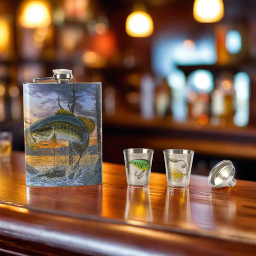 BASS FLASK WITH SHOT GLASSES