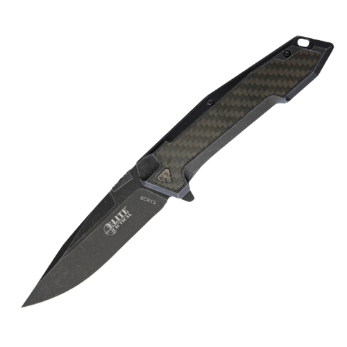 Elite Tactical Flipper Framelock Knife – Black Stonewash, Carbon Fiber Inlay