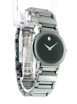 Angled view of Movado 0604410 ladies watch showcasing polished stainless steel case and refined Swiss craftsmanship