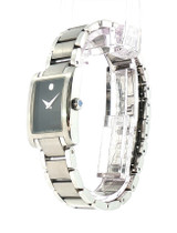 Side profile of Movado Strato ladies watch ref. 0606404 highlighting slim stainless steel case and signature crown