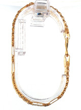 Front view of a 22K yellow gold textured bracelet with satin-finish rectangular links, intricate engraved patterns, and decorative geometric center panels.