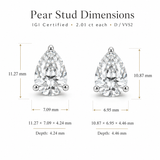 Pear diamond stud dimensions, IGI certified 2.01 ct each, 11.27 x 7.09 mm, D color VVS2