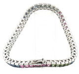 Angled Front View: 14K white gold multi-color tourmaline tennis bracelet featuring 8.00 ct of square-cut blue, green and golden-yellow gemstones in an articulated link design.