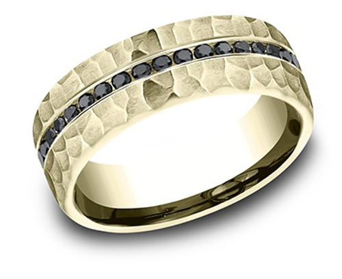 Black Diamond Hammered Style Wedding Band - 18kt Yellow Gold