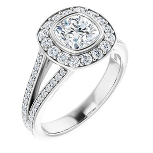 CUSHION BEZEL-SET HALO-STYLE ENGAGEMENT RING - WHITE GOLD