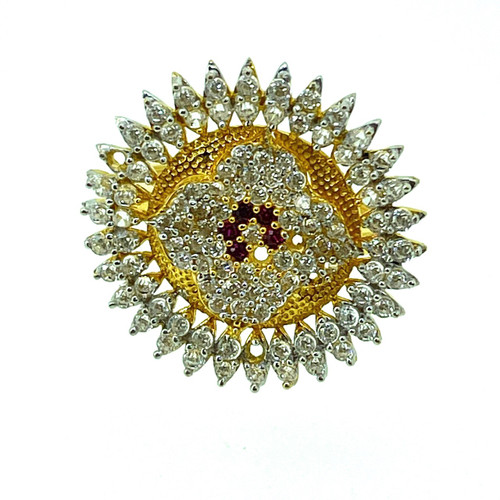 LADIES FLOWER DESIGN FEATURING RED AND WHITE CZ STONE - 22K YELLOW GOLD 