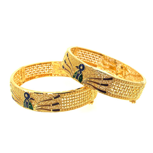 OPENABLE SCREW KADA FEATURING PEACOCK DESIGN, FILIGREE WORK & MINAKARI - 22K YELLOW GOLD 