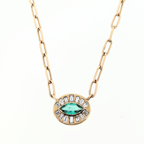 Evil Eye Diamond Necklace with Emerald- 14K Gold 