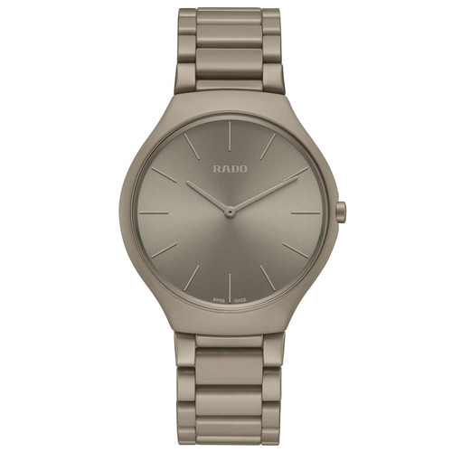 Rado True Thinline Les Couleurs Le Corbusier R27098682 39mm Grey Brown Natural Umber 32141 ceramic watch, Rado True Thinline high-tech ceramic bracelet Grey Brown Natural Umber close-up