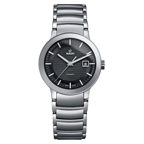 Rado Centrix R30940163 women’s automatic watch featuring a polished stainless steel case and bracelet, elegant black dial with silver-tone hands and hour markers, date window at 3 o’clock, sapphire crystal, and Swiss-made automatic movement.