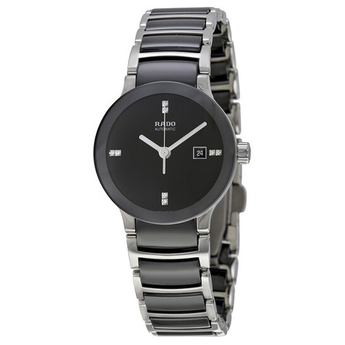 Rado Centrix Jubile R30942702 women’s Swiss automatic watch featuring a stainless steel case, black high-tech ceramic bracelet accents, black dial with diamond hour markers, sapphire crystal, and elegant luxury design.