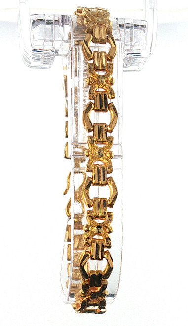 Yellow gold geometric textured link chain bracelet weighing 18 grams and measuring 7.2 inches with decorative open links, diamond-cut accents, and secure hook clasp.