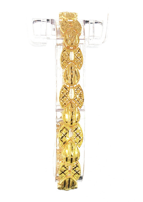 22K yellow gold filigree link bracelet featuring textured oval links and diamond-cut openwork connectors, 30 grams, 7 inches