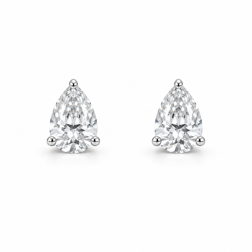 Pear cut lab grown diamond stud earrings, 2 carat each, three-prong white gold, front view