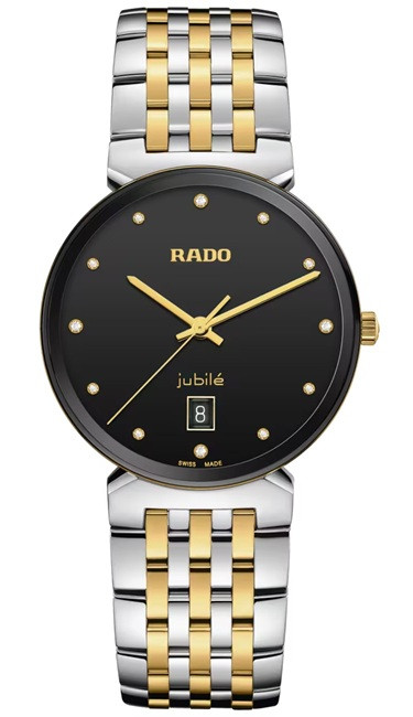 Front view of the Rado Florence Diamonds R48912743 featuring a 38 mm case, elegant black dial with sparkling diamond hour markers, gold-tone hands and Rado branding, date window at 6 o’clock, and a polished two-tone silver and gold-tone multi-link bracelet.