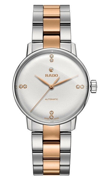Front view of the Rado Coupole Classic Automatic R22862722 women’s watch featuring a polished round case, elegant silver-tone dial with sparkling diamond hour markers, rose gold-tone hands and Rado branding, and a two-tone stainless steel bracelet with rose gold-tone center links.