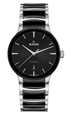 Front view of the Rado Centrix R30021152 featuring a 39.5 mm case, sleek black dial with silver-tone hands and hour markers, date display at 6 o’clock, and a polished silver-tone bracelet accented with distinctive black center links.